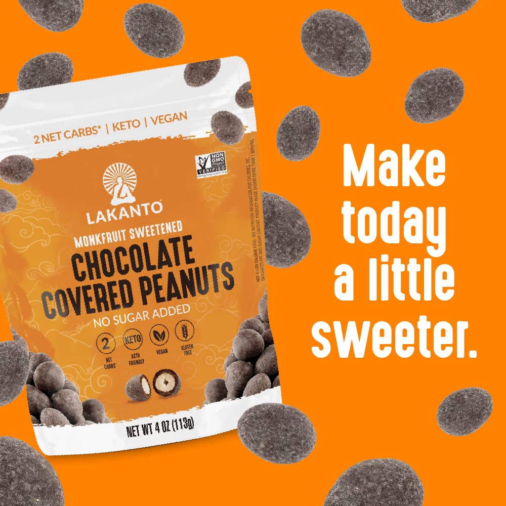 Lakanto Chocolate Covered Peanuts - Sweetened With Monk Fruit Sweetener, Keto Diet Friendly, On The Go Healthy Snack, Vegan, Dark Chocolate, Sea Salt, Cocoa Butter (Peanuts - Pack Of 2)