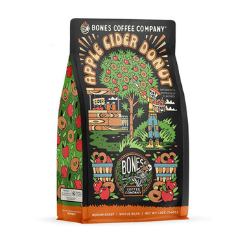 Bones Coffee Company Apple Cider Donut Flavored Coffee, Medium Roast, 12 Oz Ground, Low Acid Arabica Beans