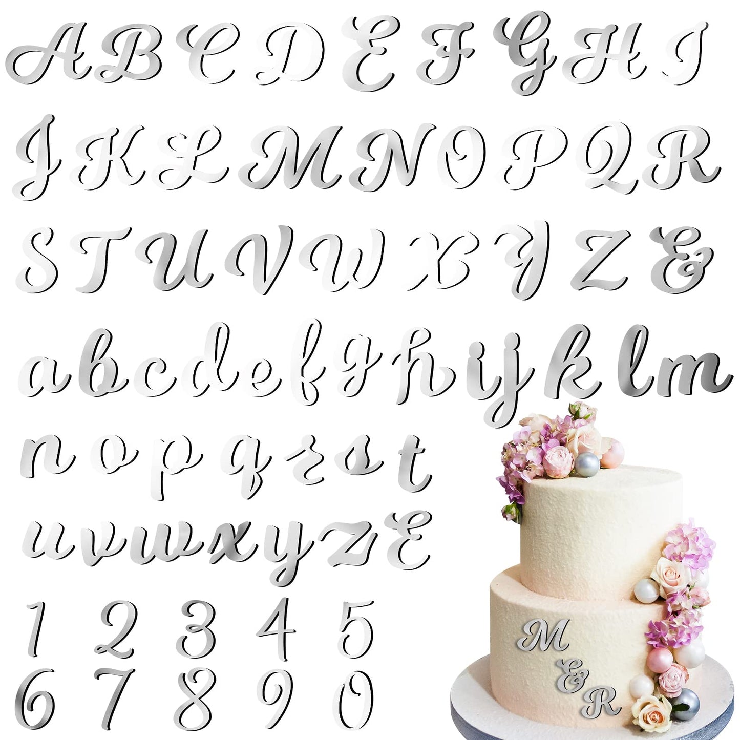 Jspupifip 64 Pcs Acrylic Letters Cake Alphabet Numbers Topper, Mirror Number 0-9 And Alphabet A-Z Personalized Cake Picks Decor