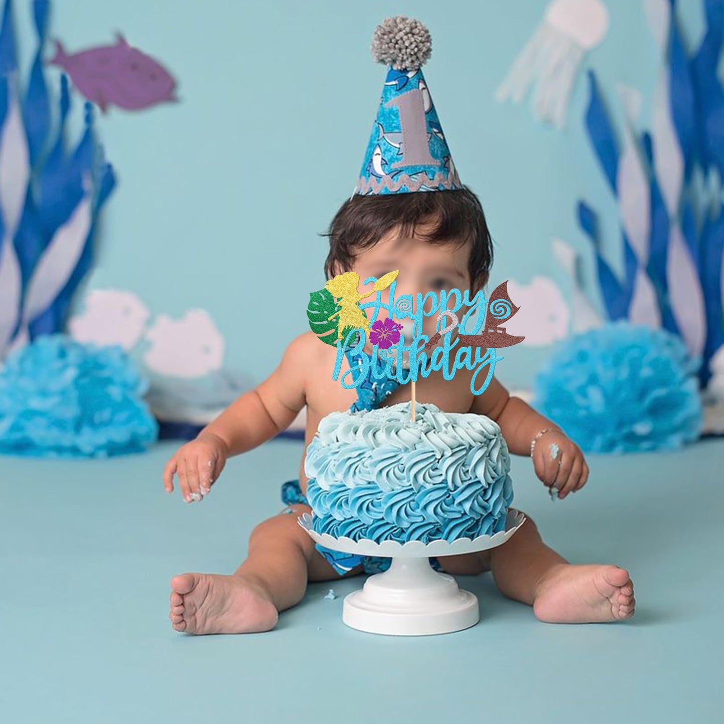 1 Pcs Moana Happy Birthday Cake Topper Glitter Palm Leaf Flower Moana Cake Pick For Tropical Hawaiian Luau Theme Baby Shower Kid