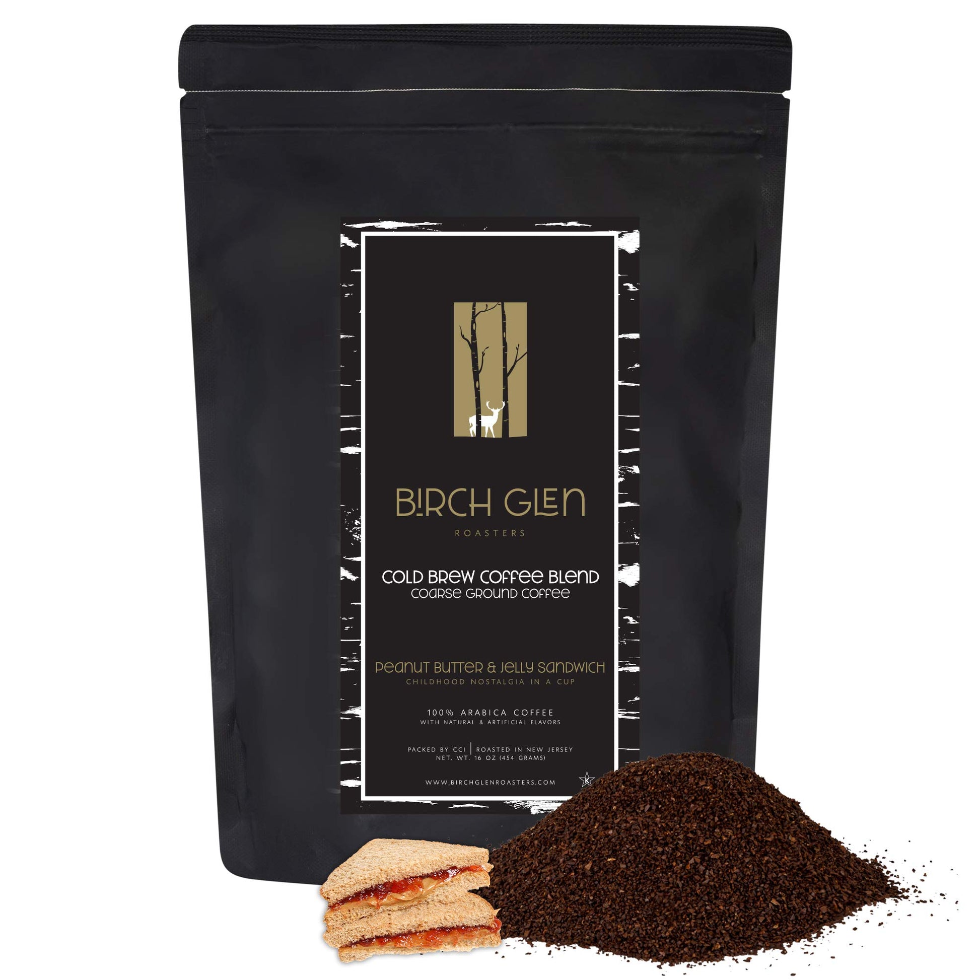 1 Lb Peanut Butter & Jelly Sandwich Flavored Cold Brew Coffee Blend, Coarse Ground Colombian - Birch Glen Roasters - 16 Oz Resea
