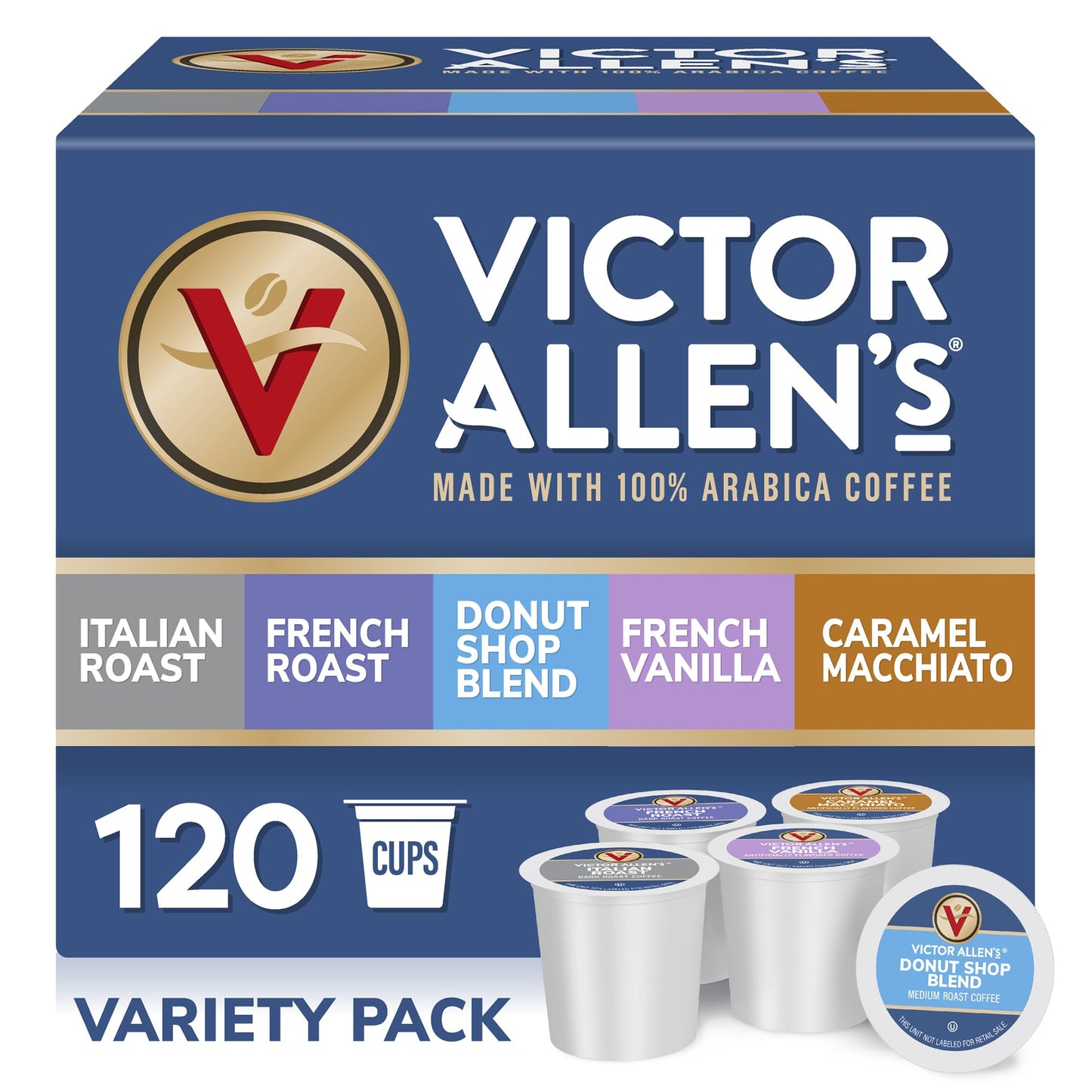 Victor Allens Coffee Variety Pack (Donut Shop Blend  French Roast  Italian Roast  French Vanilla Flavored  Caramel Macchiato)  120 Count  Single Serve Coffee Pods for Keurig K-Cup malt-inspired