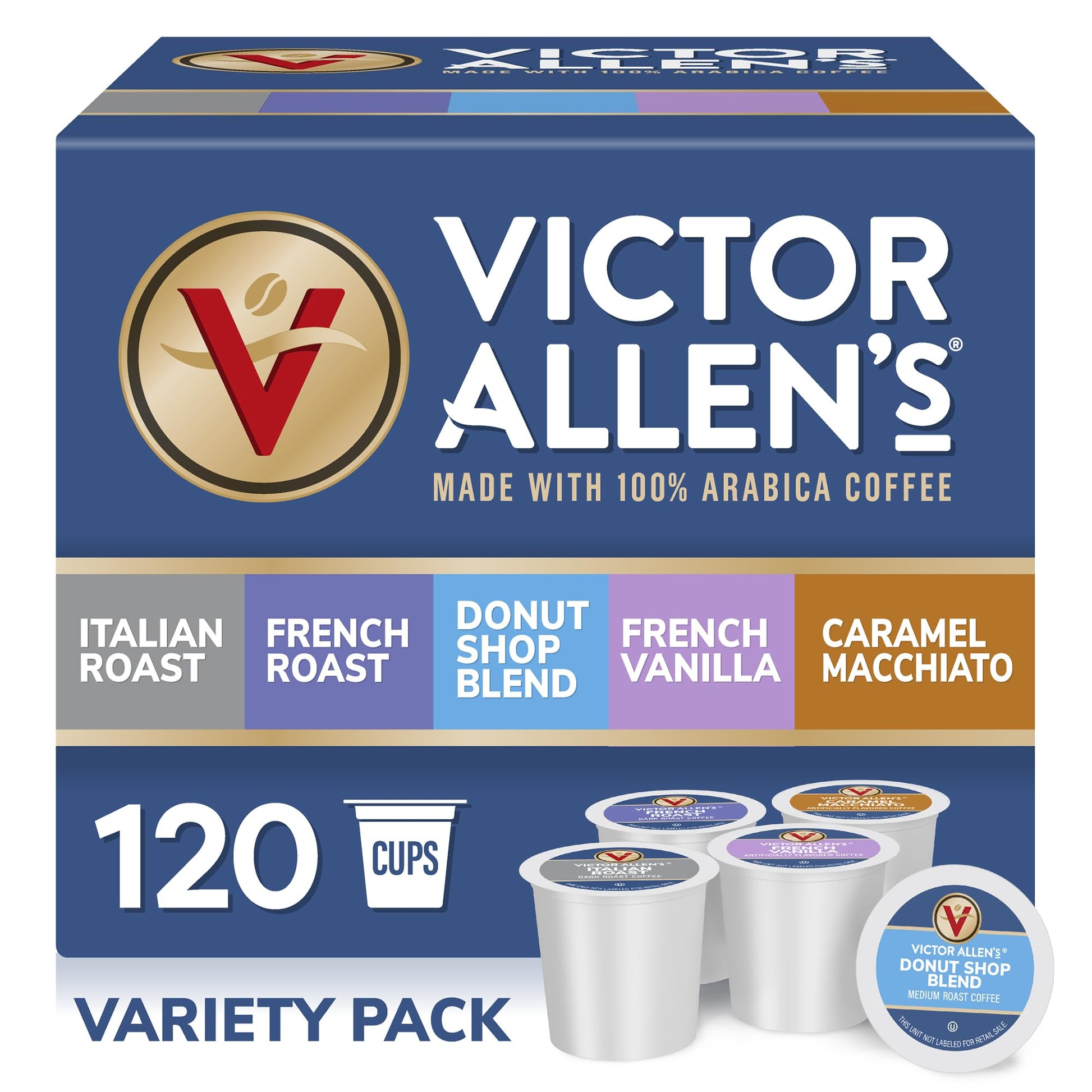 Victor Allens Coffee Variety Pack (Donut Shop Blend  French Roast  Italian Roast  French Vanilla Flavored  Caramel Macchiato)  120 Count  Single Serve Coffee Pods for Keurig K-Cup malt-inspired