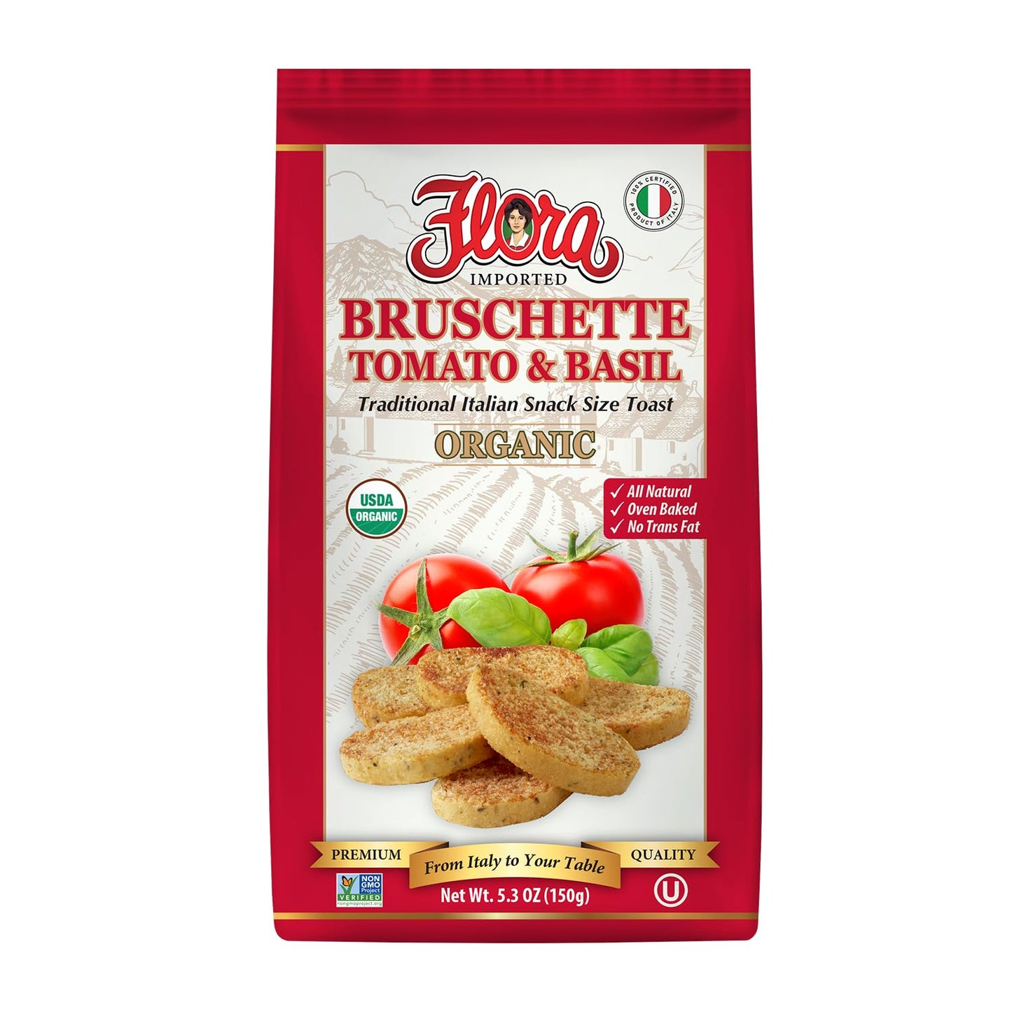 Flora Organic Bruschette Mini Toasts - Tomato & Basil - Italian Snack - USDA Organic - No Trans Fat - Oven Baked - 5.3 oz (150g)