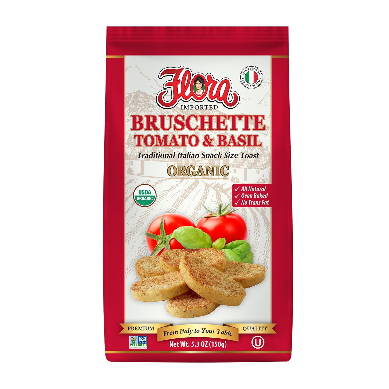 Flora Organic Bruschette Mini Toasts - Tomato & Basil - Italian Snack - USDA Organic - No Trans Fat - Oven Baked - 5.3 oz (150g)