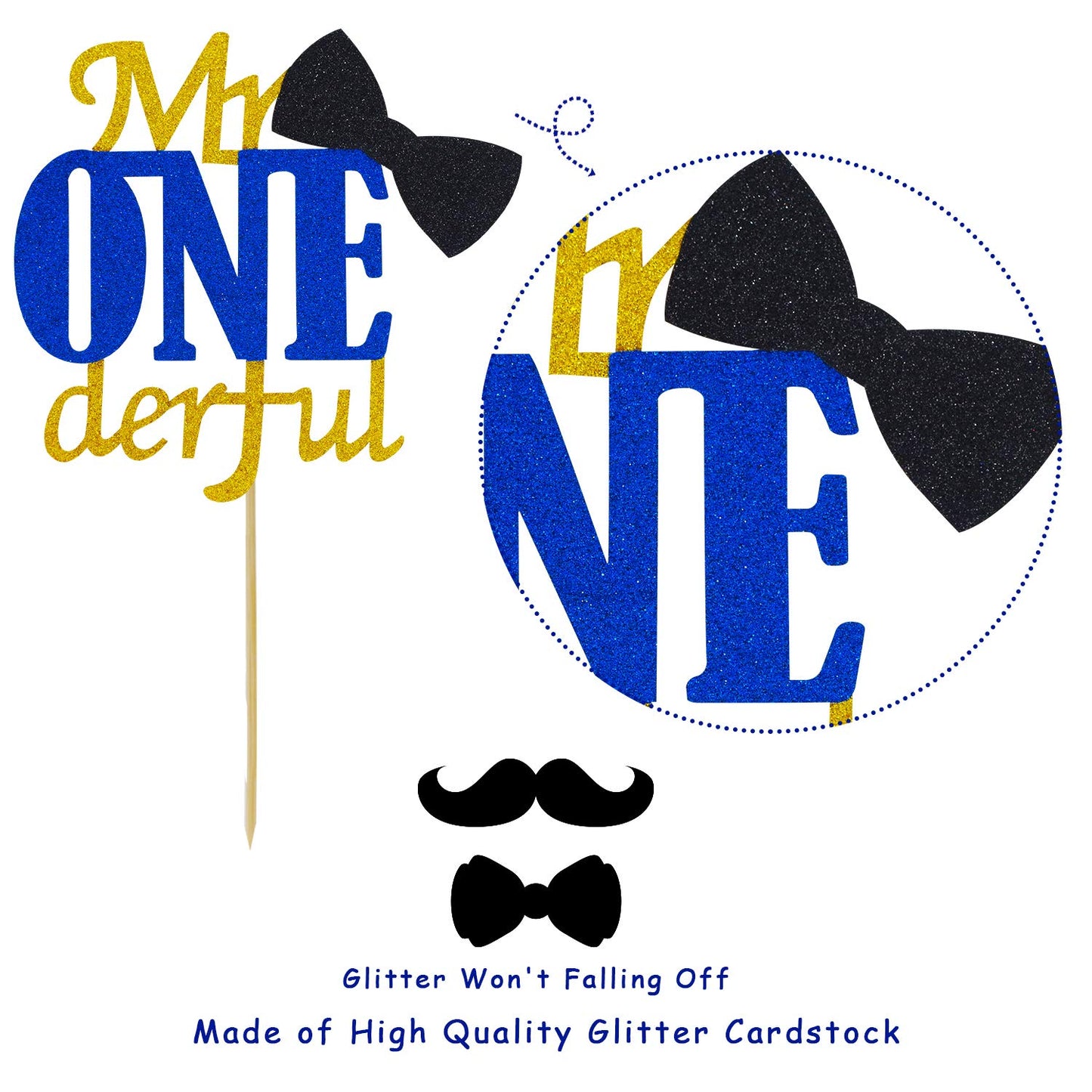 Joymee Mr Onederful Cake Topper,Double Sided 1St First Cake Decorations With Bowtie Gold Glitter Little Man Happy Birthday Handm