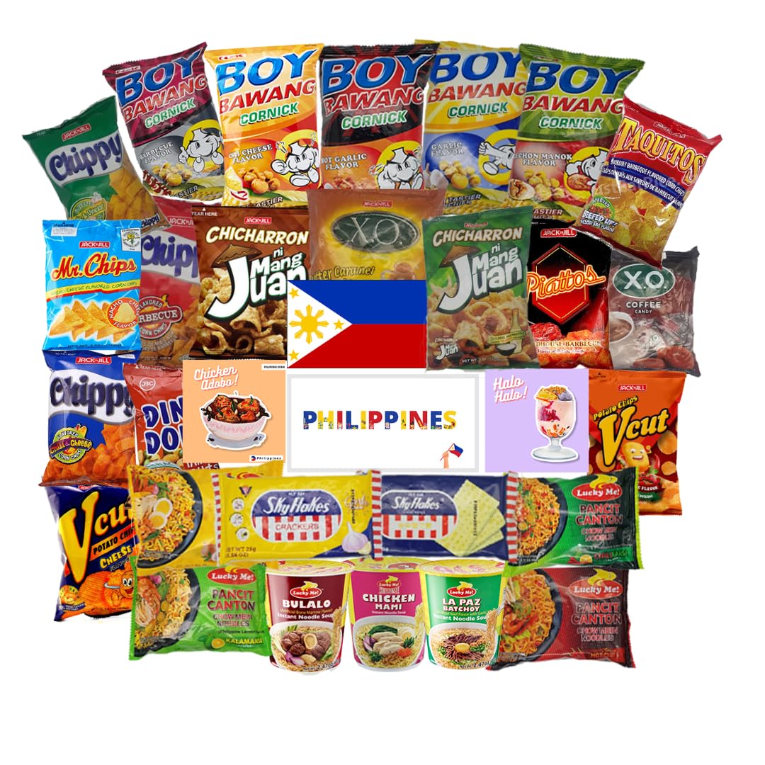 Filipino Snacks Box Variety Pack Assortment Of 10 Authentic Food Products Like Boy Bawang, Lucky Me, Jacknjill, Skyflakes And More With Philippines Flag And Pride Stickers