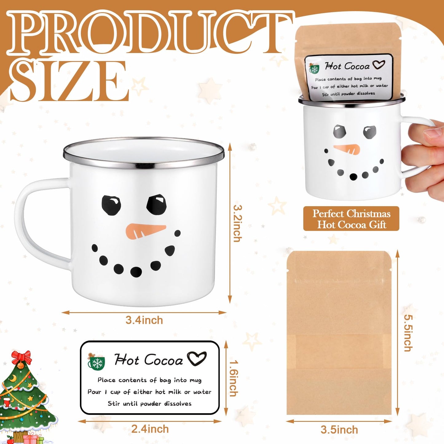 Vesici 6 Set Christmas Hot Cocoa Gift Sets with Mug Includes Snowman Enamel Cup Mini Kraft Paper Pouches and Labels Stickers for