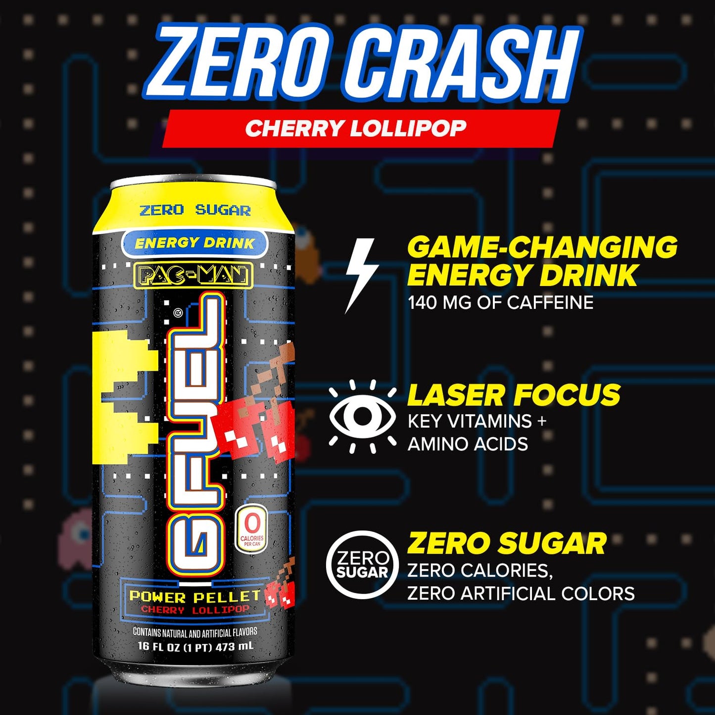 G Fuel Energy Drink Cherry Lollipop, Sugar Free, 140mg Caffeine, 16 Fl Oz Cans, 12-Pack