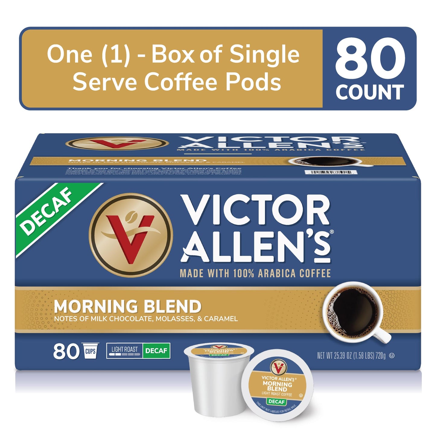 Victor Allens Coffee Decaf Morning Blend Light Roast Single Serve Pods 80 Count Brown