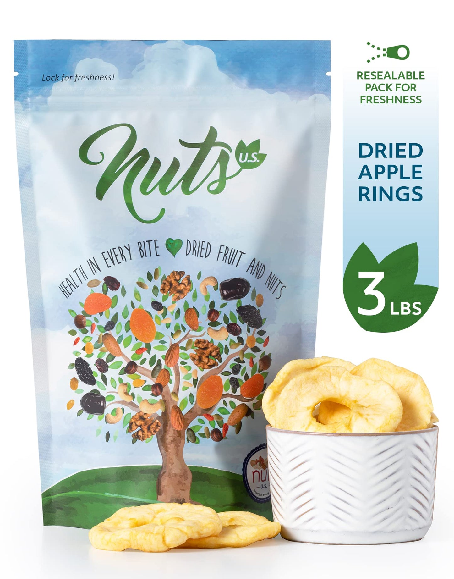 Nuts U.S. - Dried Apple Rings | No Added Sugar | No Artificial Color | Chewy Texture | Non-Gmo | Juicy And Natural | Packed In A Resealable Bag!!! (3 Lbs)