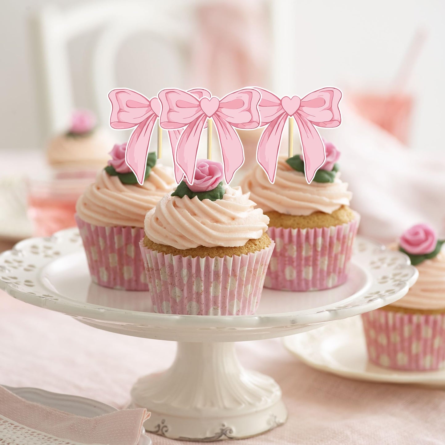 24 Pcs Bow Cupcake Toppers Suitable For Girls Birthday Party Anniversaries Baby Shower Pink Bow Birthday Cake Decorations Single