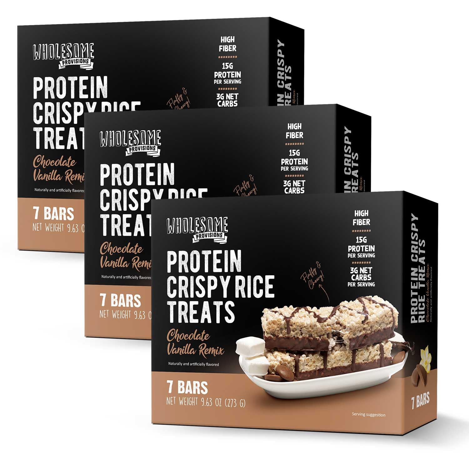 Wholesome Provisions Protein Crispy Rice Treats, 15g Protein, Low Carb, Gluten Free, 3 Pack, Chocolate Vanilla Remix