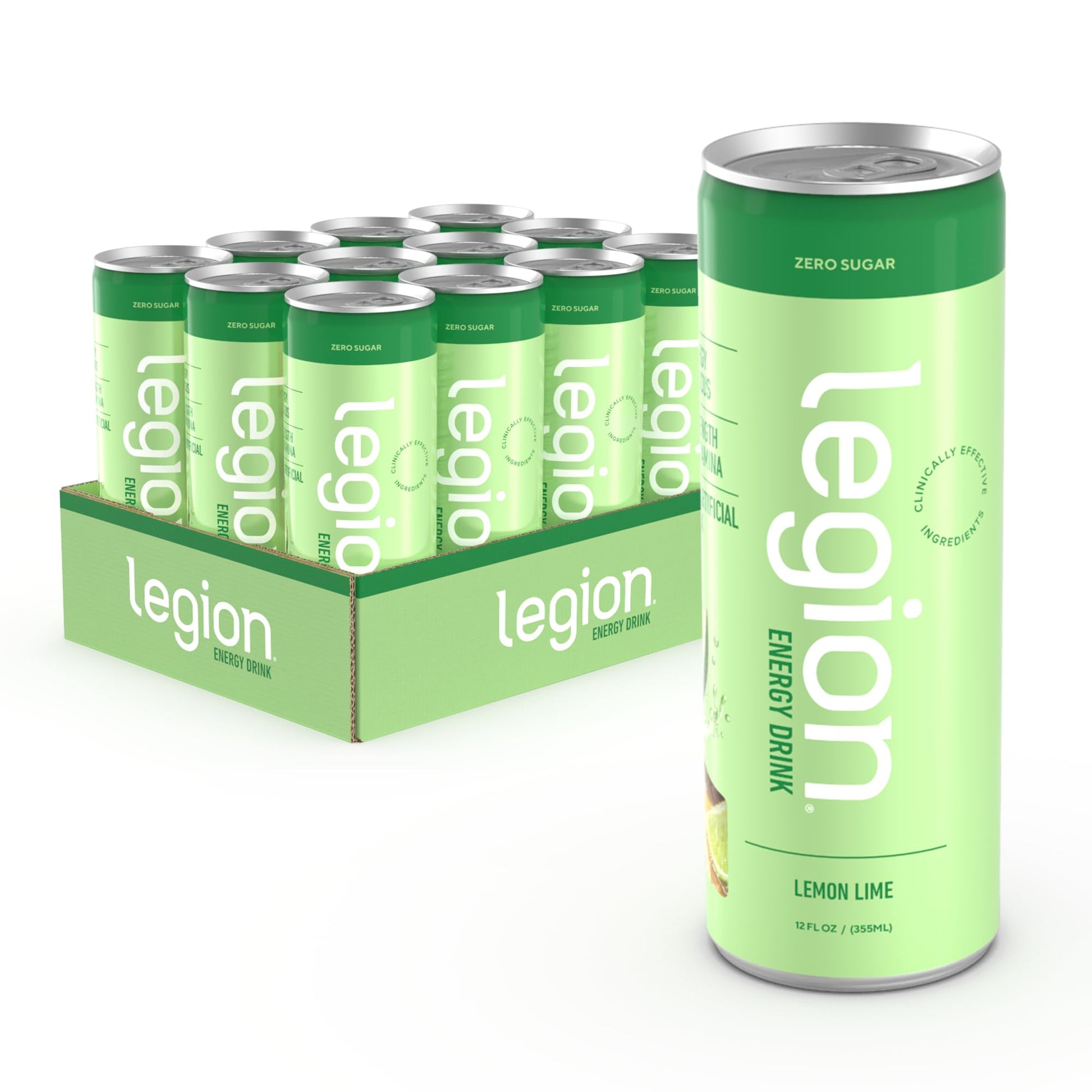 LEGION Energy Drink - Sugar Free, Naturally Sweetened, Lemon Lime Flavor - 12 Pack