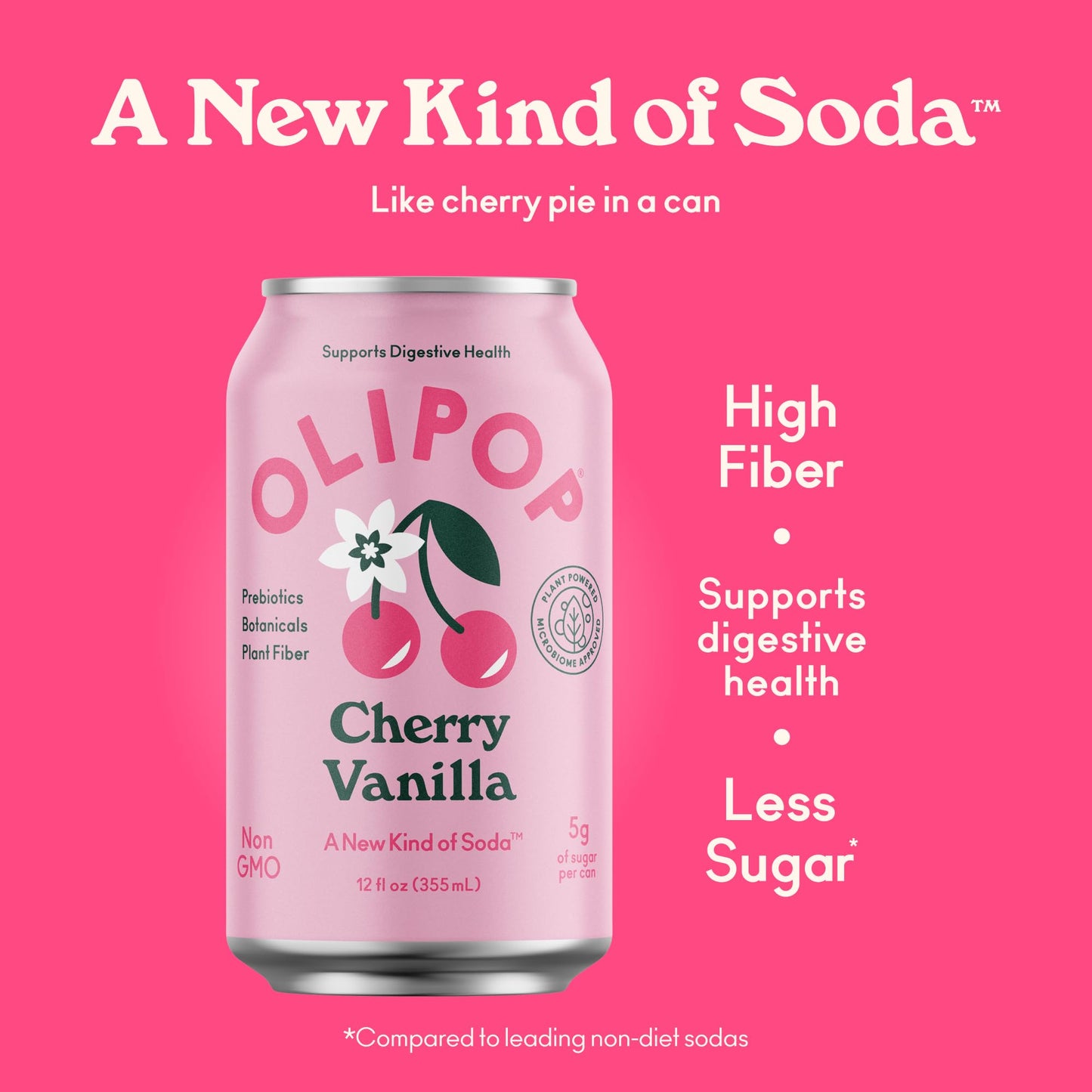 OLIPOP Cherry Vanilla Soda, Prebiotic Soft Drink, 12 Fl Oz (Pack of 12)