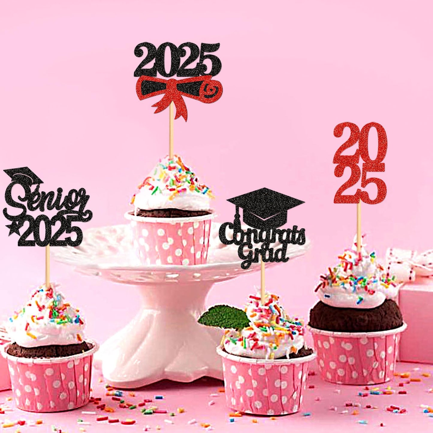 Keaziu 24 Pack Graduation Cupcake Toppers Senior 2025 Congrats Grad Red Decorations