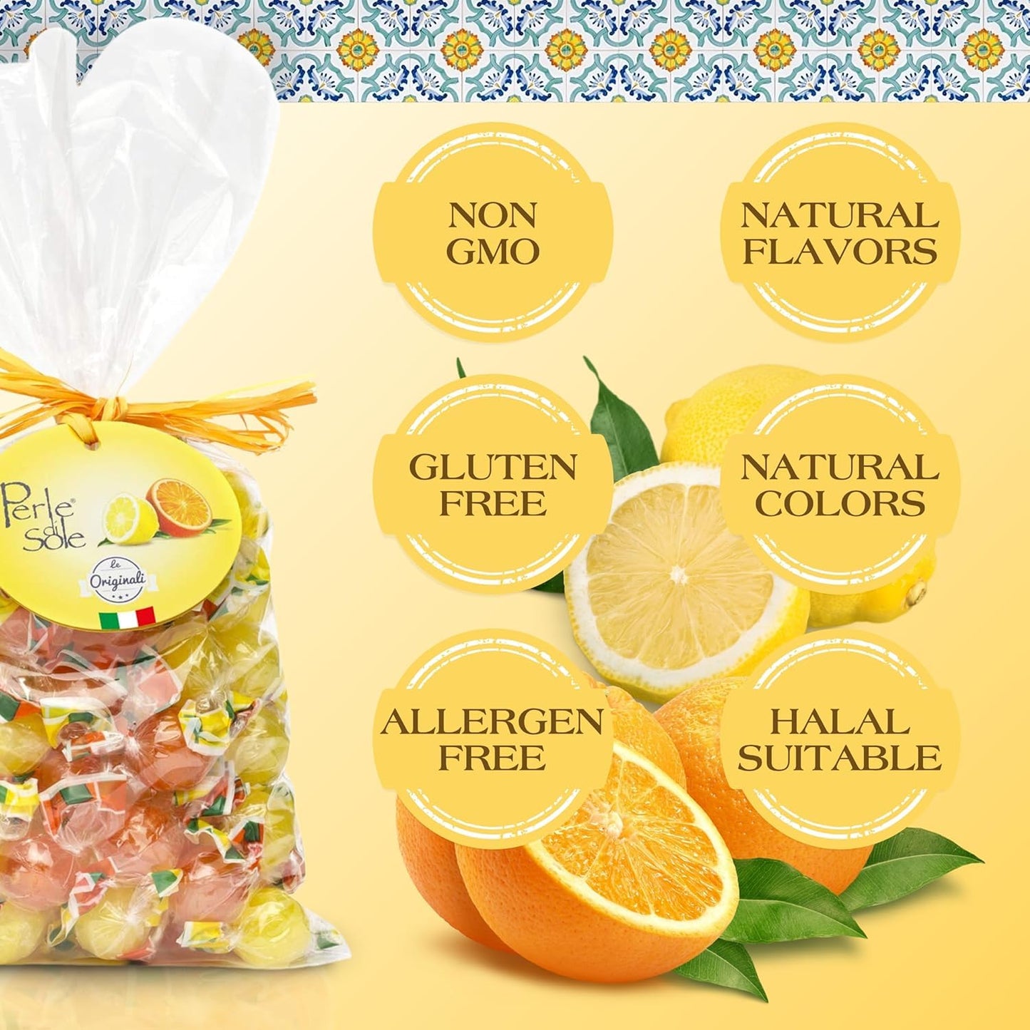 Perle di Sole Italian Hard Candy - Assorted Orange & Lemon Drops with Fizzy Filling (17.6 oz | 500 g) Italian Candy Individually