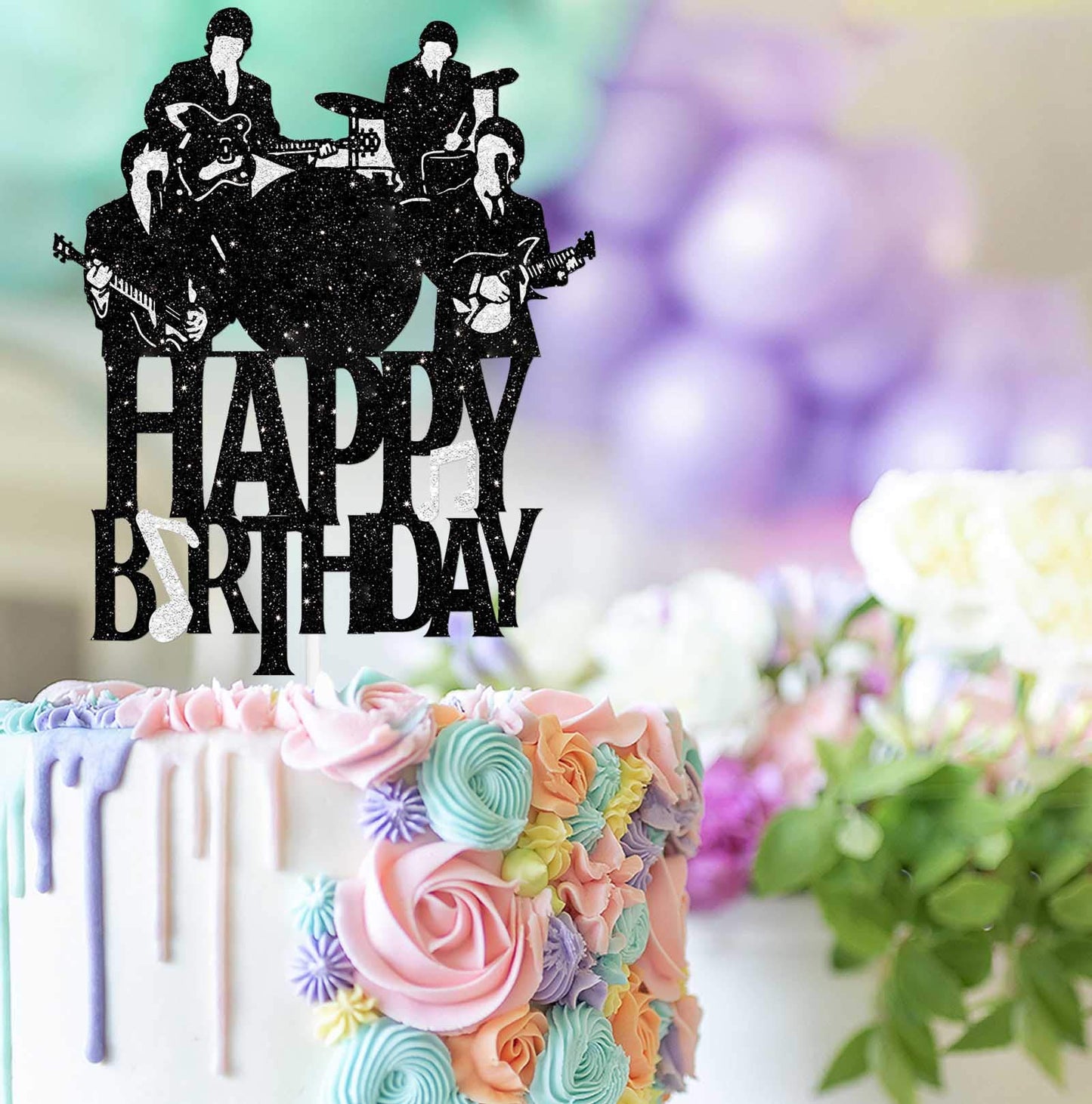 Happy Birthday Cake Topper Music Rock Pop Theme Black Glitter Decor Picks For Beatlemania Party Decorations Supplies