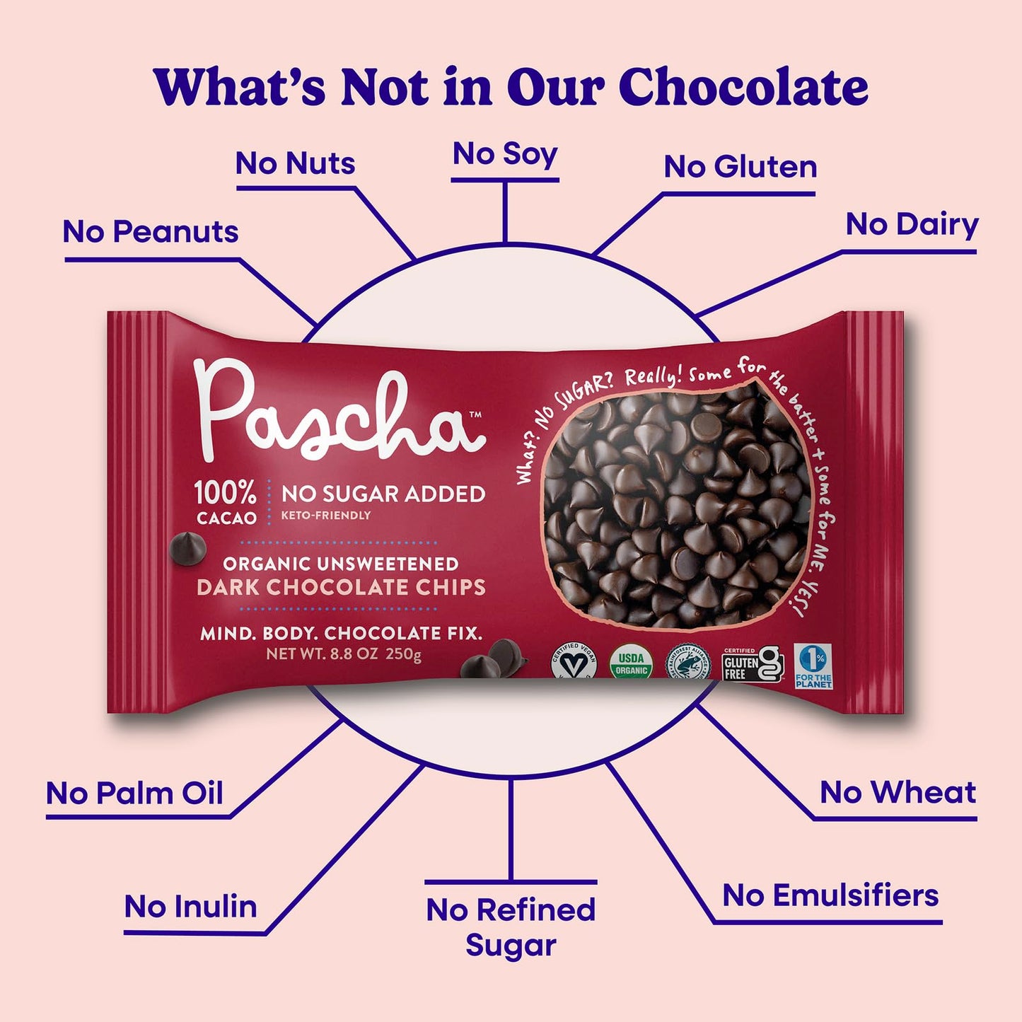 Pascha Organic 100% Cacao Baking Chips, Unsweetened Dark Chocolate, Sugar-Free, Keto, Vegan, 8.8 Ounce (Pack of 6)