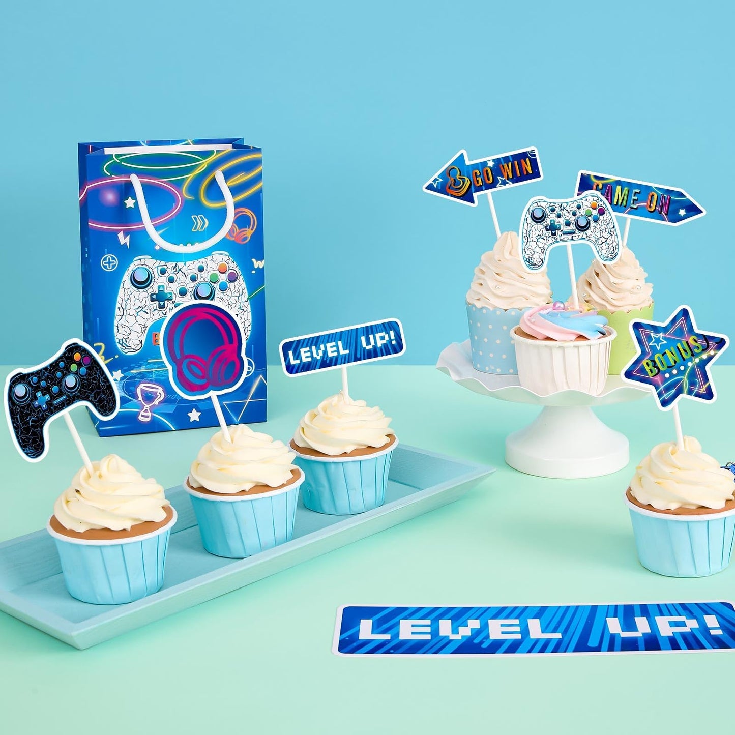 Wernnsai Video Game Cupcake Toppers - 35 Pcs Gamer Party Cupcake Cake Toppers For Boys Kids Game Themed Birthday Party Decoratio