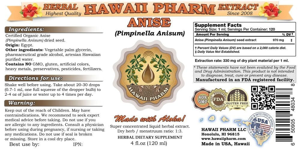 Hawaii Pharm Organic Anise Liquid Extract Tincture 2x32 oz Unfiltered Glass