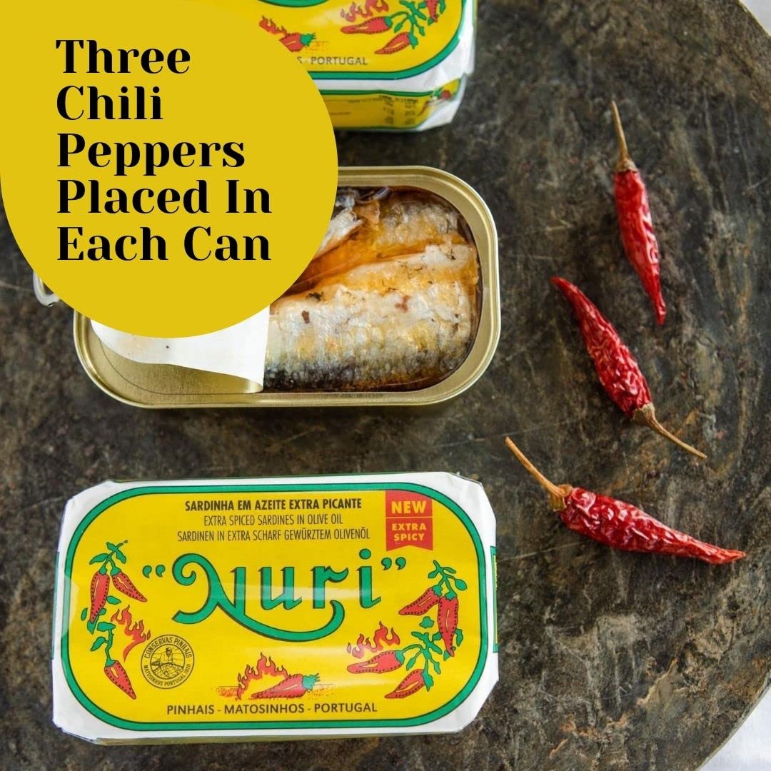 NURI Portuguese Sardines in Extra Spiced Olive Oil - 4 Pack (4.4 oz cans) - Premium Quality Seafood for Gourmet Cooking