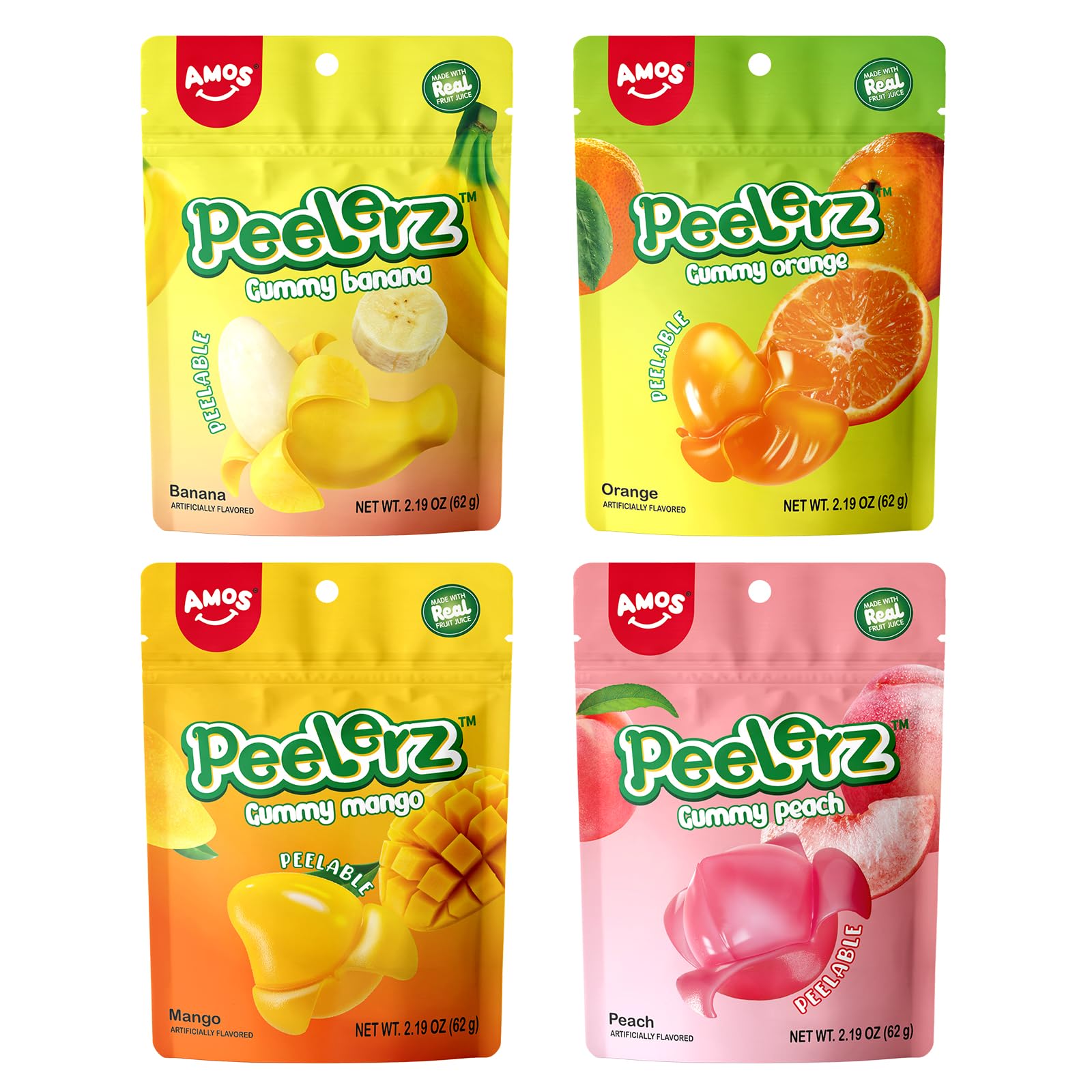 AMOS Peelerz Gummy Variety Pack - 4 Individual Packs in Mango, Orange, Peach & Banana Flavors Treats