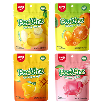 AMOS Peelerz Gummy Variety Pack - 4 Individual Packs in Mango, Orange, Peach & Banana Flavors Treats