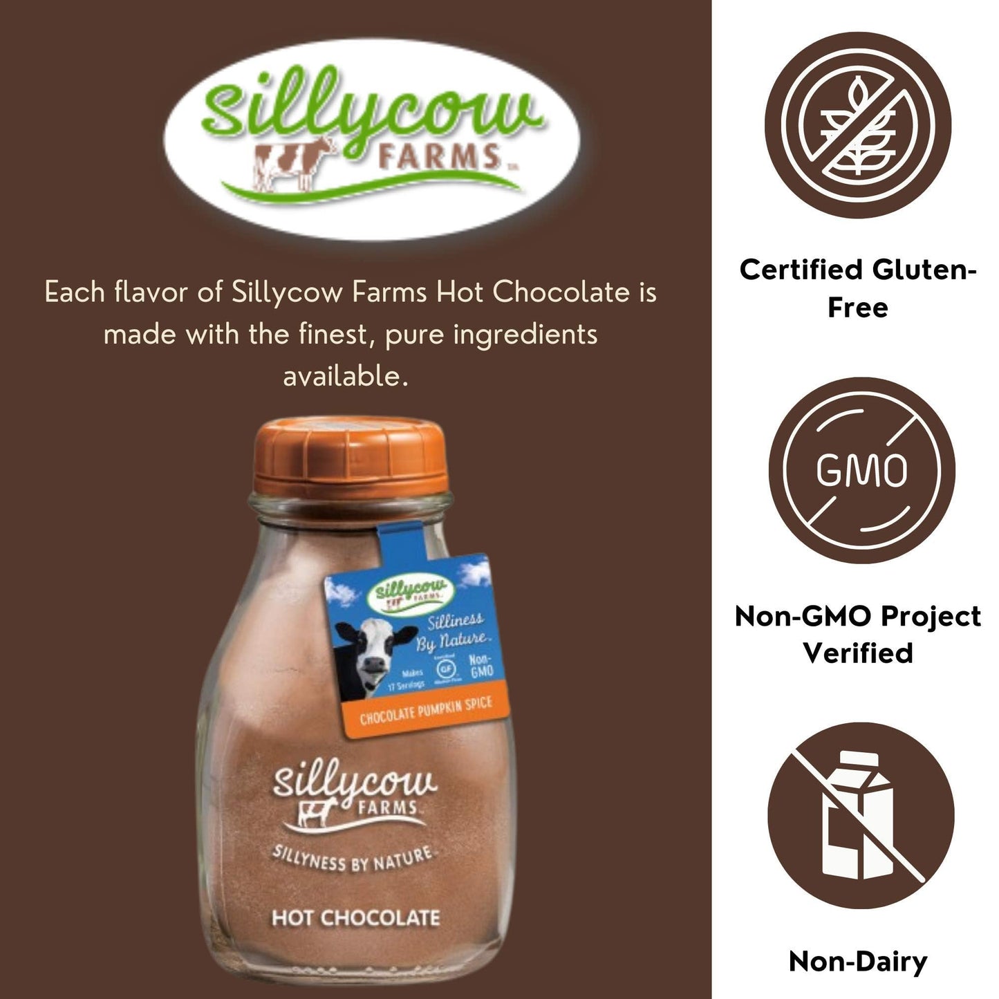 Silly Cow Farms Hot Cocoa Pumpkin Spice Mix - Gluten Free, Dairy Free, 16.9 oz Glass Bottle, Pack of 6