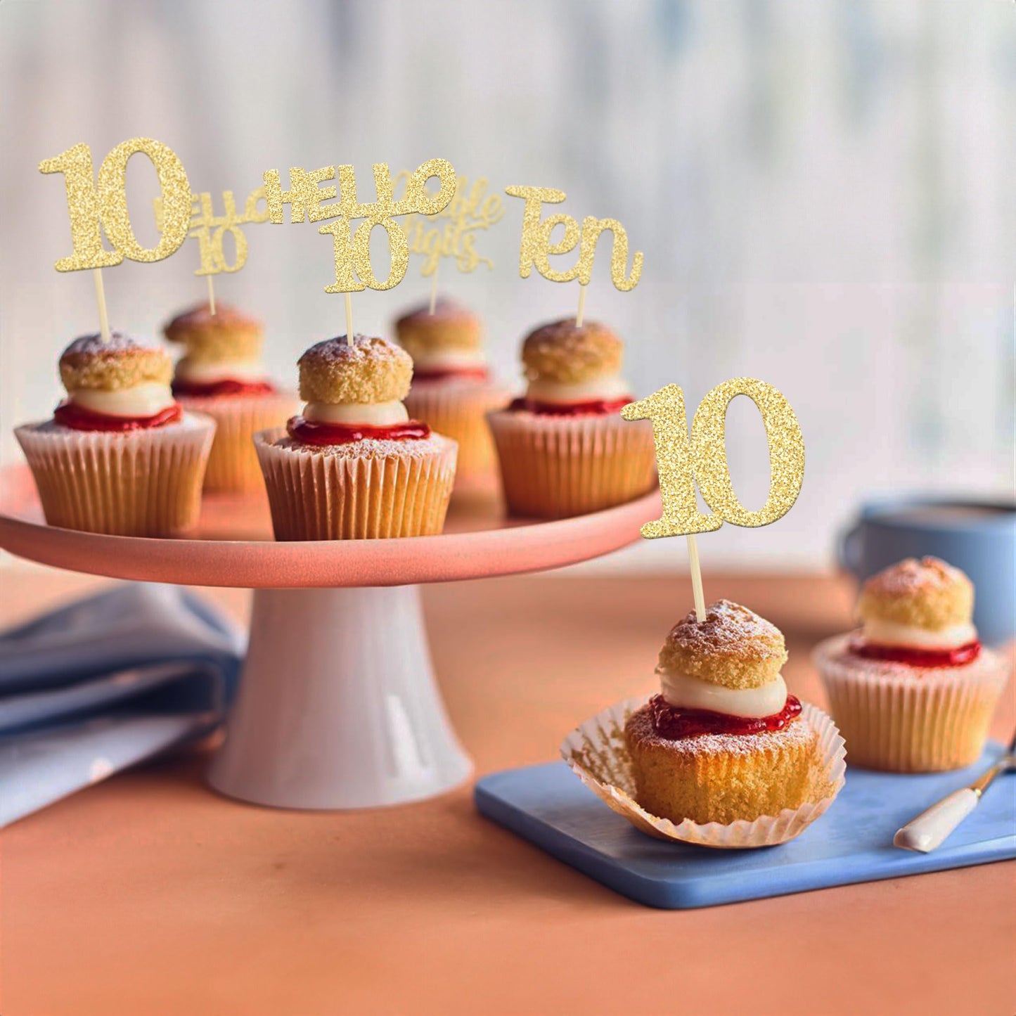 Gyufise 24Pcs Gold Glitter 10Th Birthday Cupcake Toppers Double Digits Cupcake Toppers Hello 10 Ten Cupcake Picks For 10Th Birth