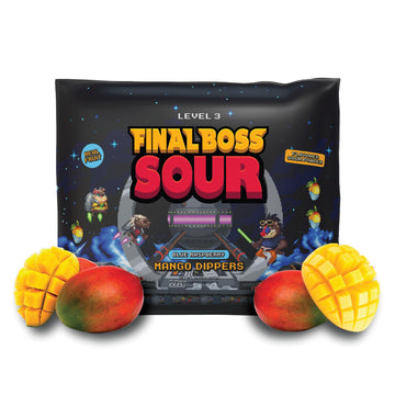 Final Boss Sour Candy, Fun Dip, Extreme Super Sour Blue Raspberry Powder with Real Candy-Tasting Dried Mangoes, (3.5 Ounces Bag)