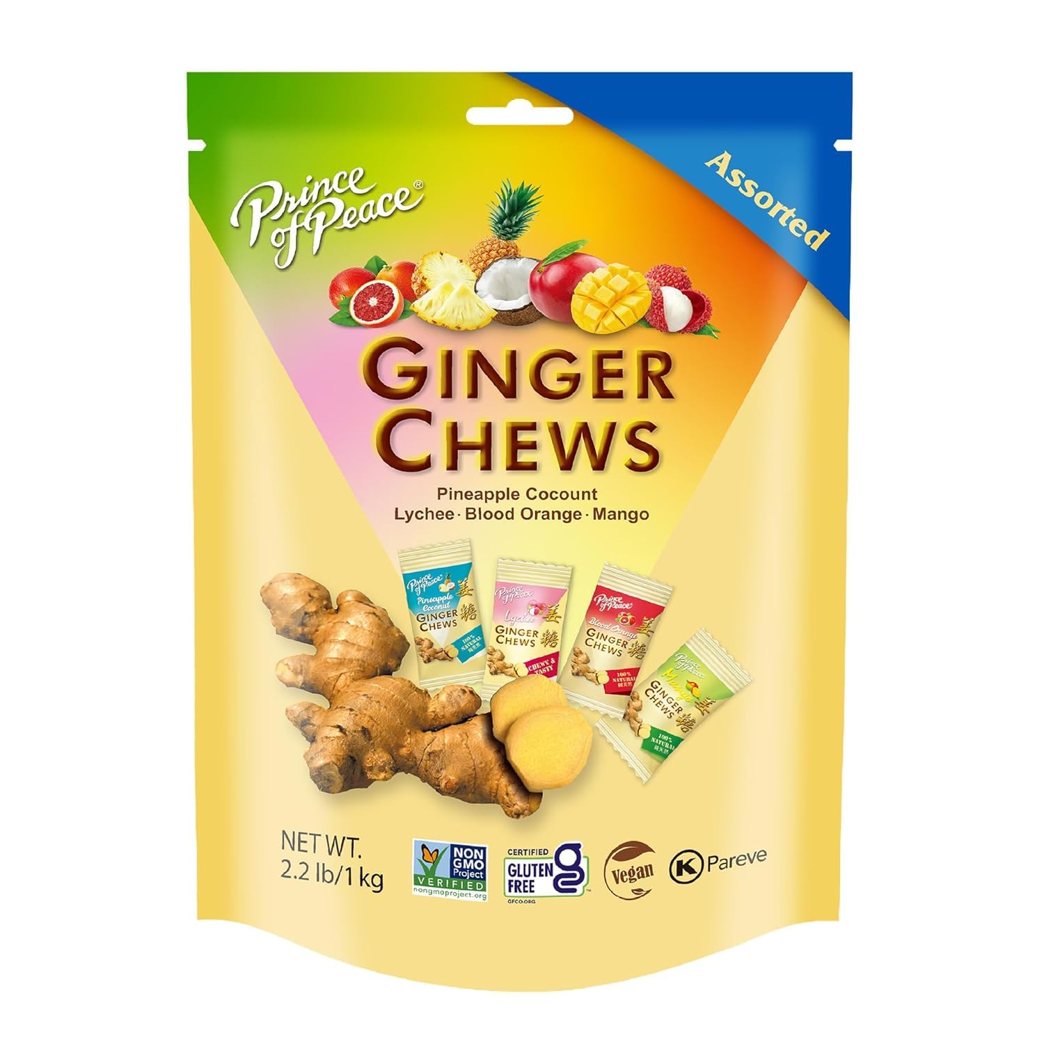 Prince Of Peace Ginger Chews Assorted Flavors (Mango, Blood Orange, Pineapple Coconut, Lychee) Candied Ginger - Candy Pack - Gin