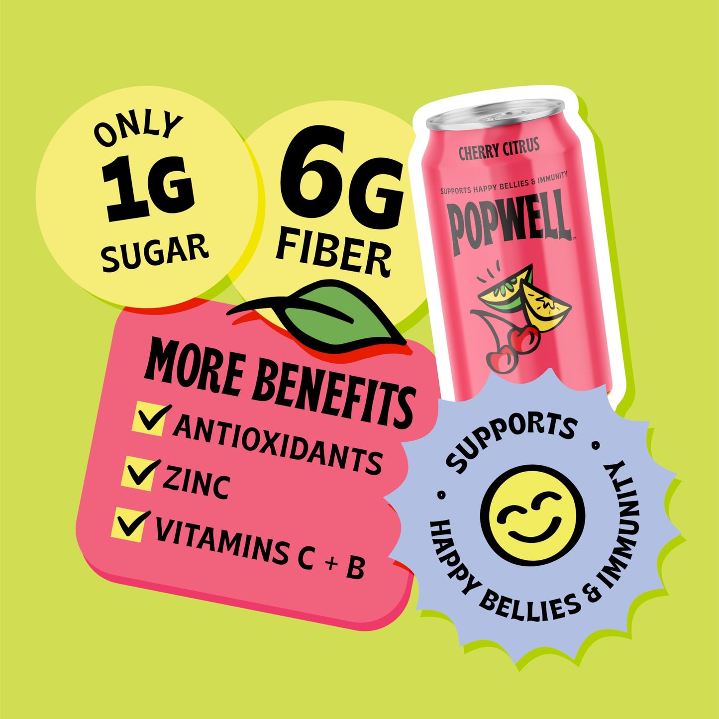 Popwell Cherry Citrus Prebiotic Soda, 12 Fl Oz Cans (Pack of 12) - 6g Fiber, 1g Sugar, Vitamins & Immunity Support