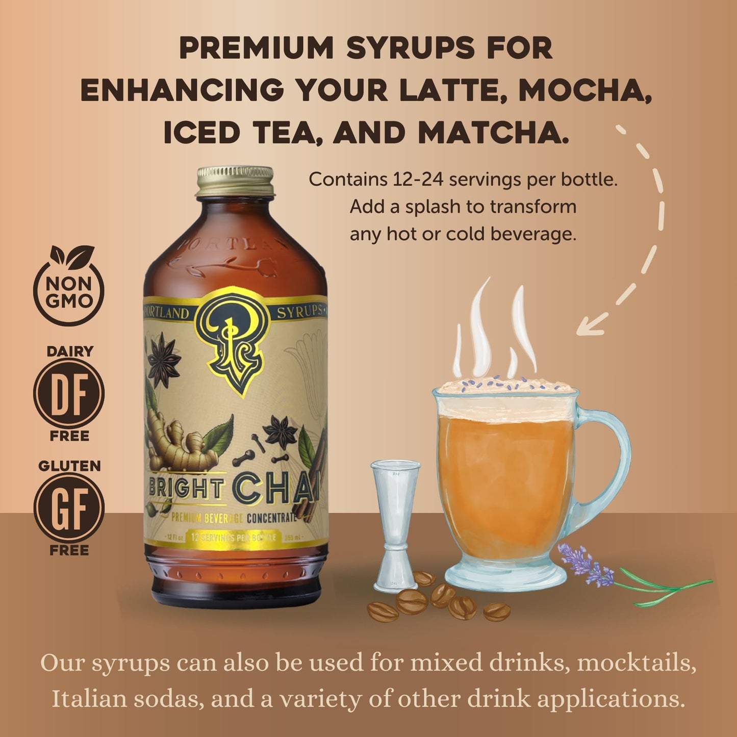 Portland Syrups Bright Chai Syrup - Organic Cane Sugar - 12 Fl Oz - Ideal for Coffee, Cocktails, Mocktails & Sodas