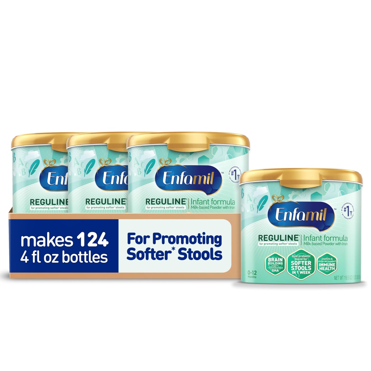 Enfamil Reguline Baby Formula, Designed for Soft, Comfortable Stools, with Omega-3 DHA & Probiotics for Immune Support, Reusable Powder Tub, 19.5 Ounce (Pack of 4)