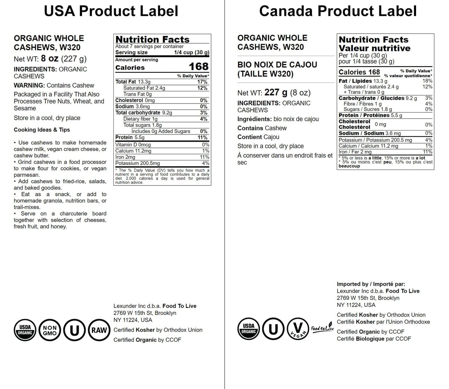 Food To Live - Organic Cashews, 8 Ounces Whole, Unsalted, Non-Gmo, Kosher, Raw, Vegan, Bulk