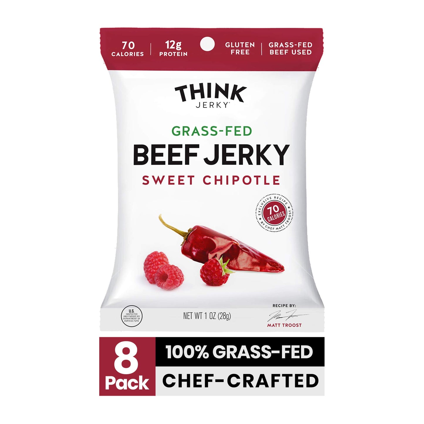 Think Jerky Sweet Chipotle Beef Jerky, Grass-Fed, Gluten Free, 1 oz Bags, 8 Pack