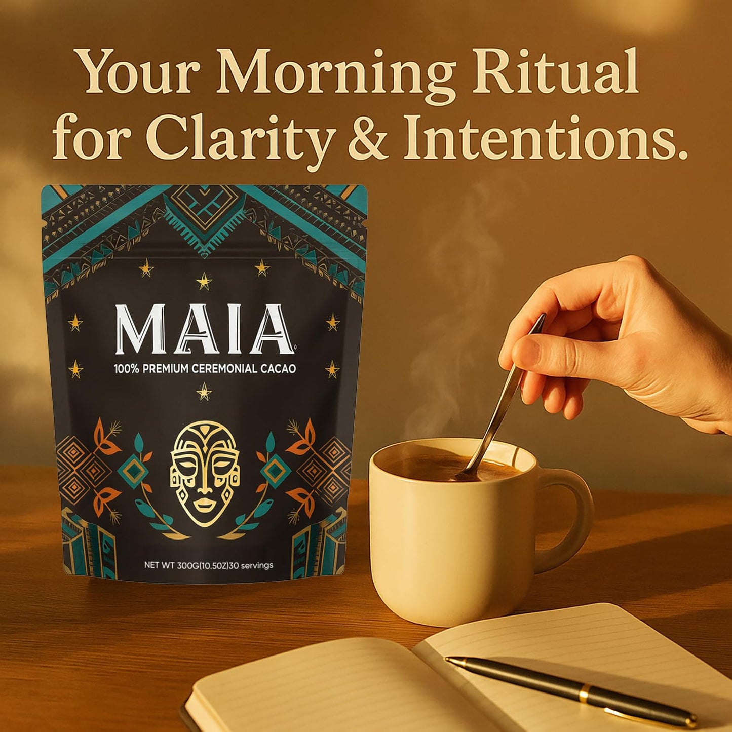 Maia Ceremonial Cacao - 100% Pure Natural Cacao Powder  Enhanced with Flavanol & Theobromine for Mental Clarity  Focus & Energy  Zero Sugar  Non-GMO  Vegan - 10.5oz (1)