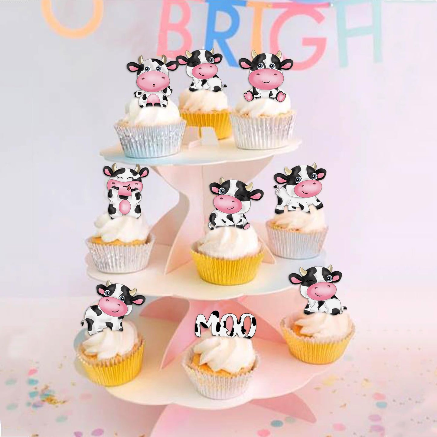 Cyodoos Edible Cow Cupcake Toppers - 40Pcs Wafer Paper Farm Animal Picks for Kids Birthday Party Decorations