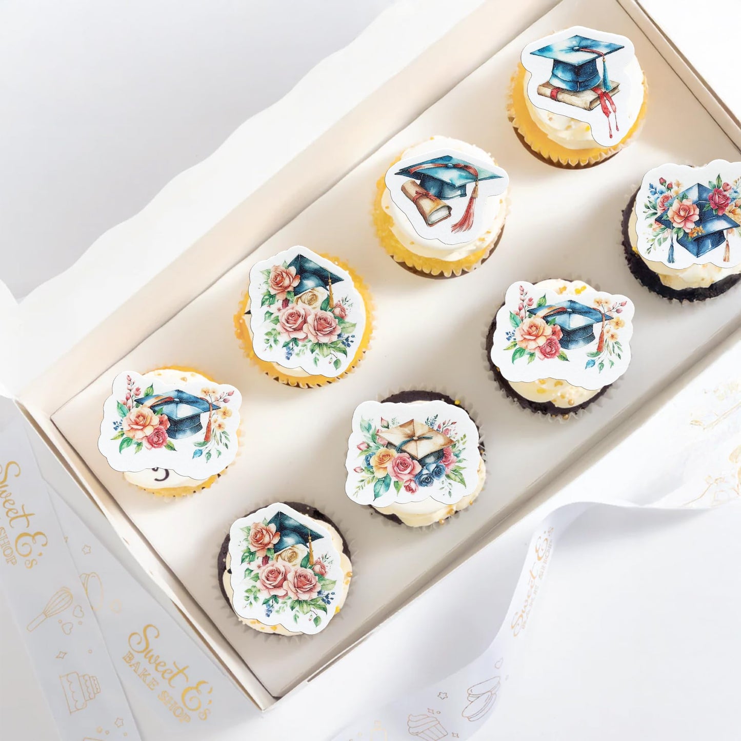 Ephlyn 54Pcs Edible 2025 Graduation Cupcake Toppers Wafer Paper Flower Grad Cap Cupcake Picks Diploma Done Congrats Grad Cake De