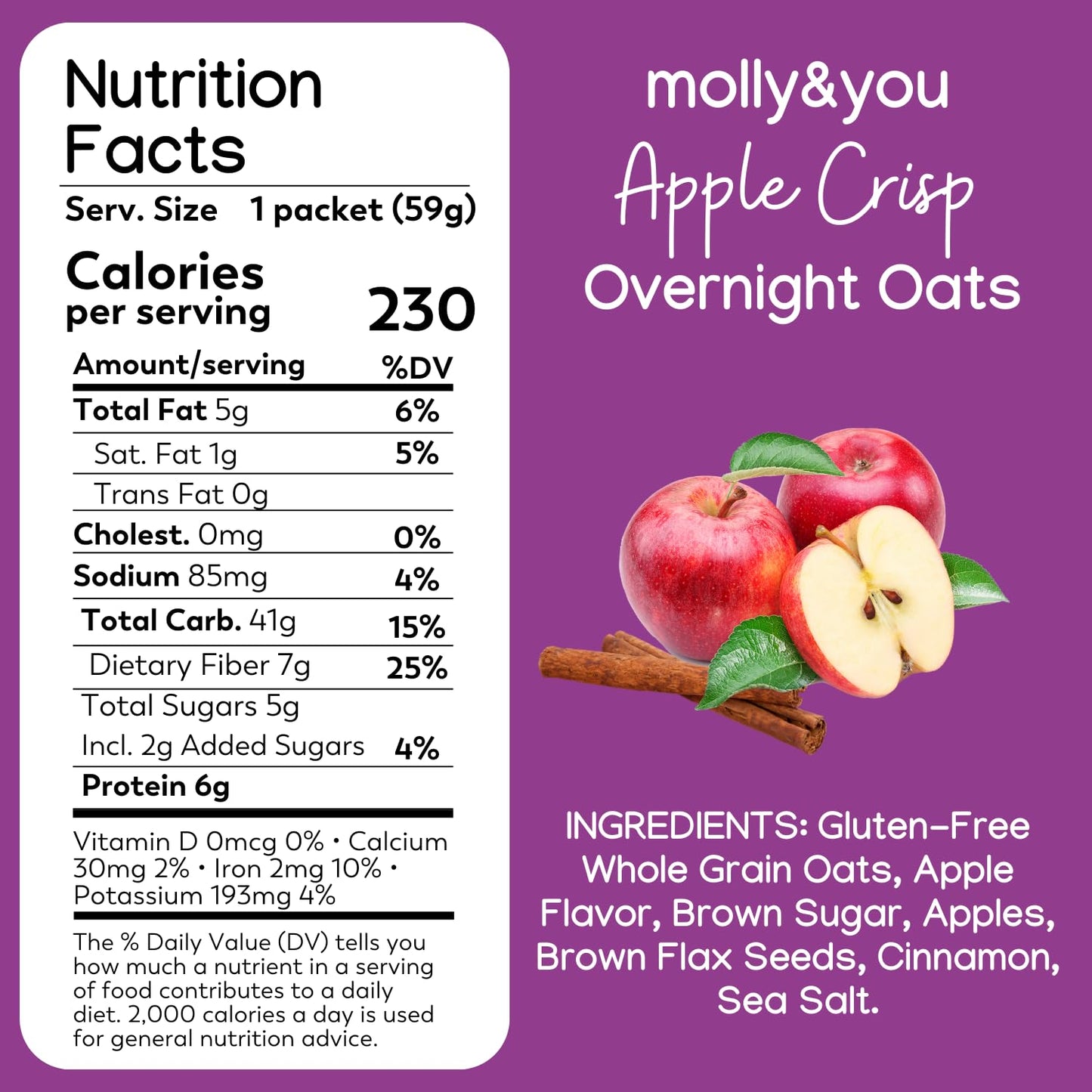 Molly & You Apple Crisp Overnight Oats (Pack Of 6) - Healthy Natural Source Of Protein Oatmeal Breakfast, A Vegan Friendly, High Source Of Fiber, Healthy Breakfast Option - Non- Gmo, Gluten-Free