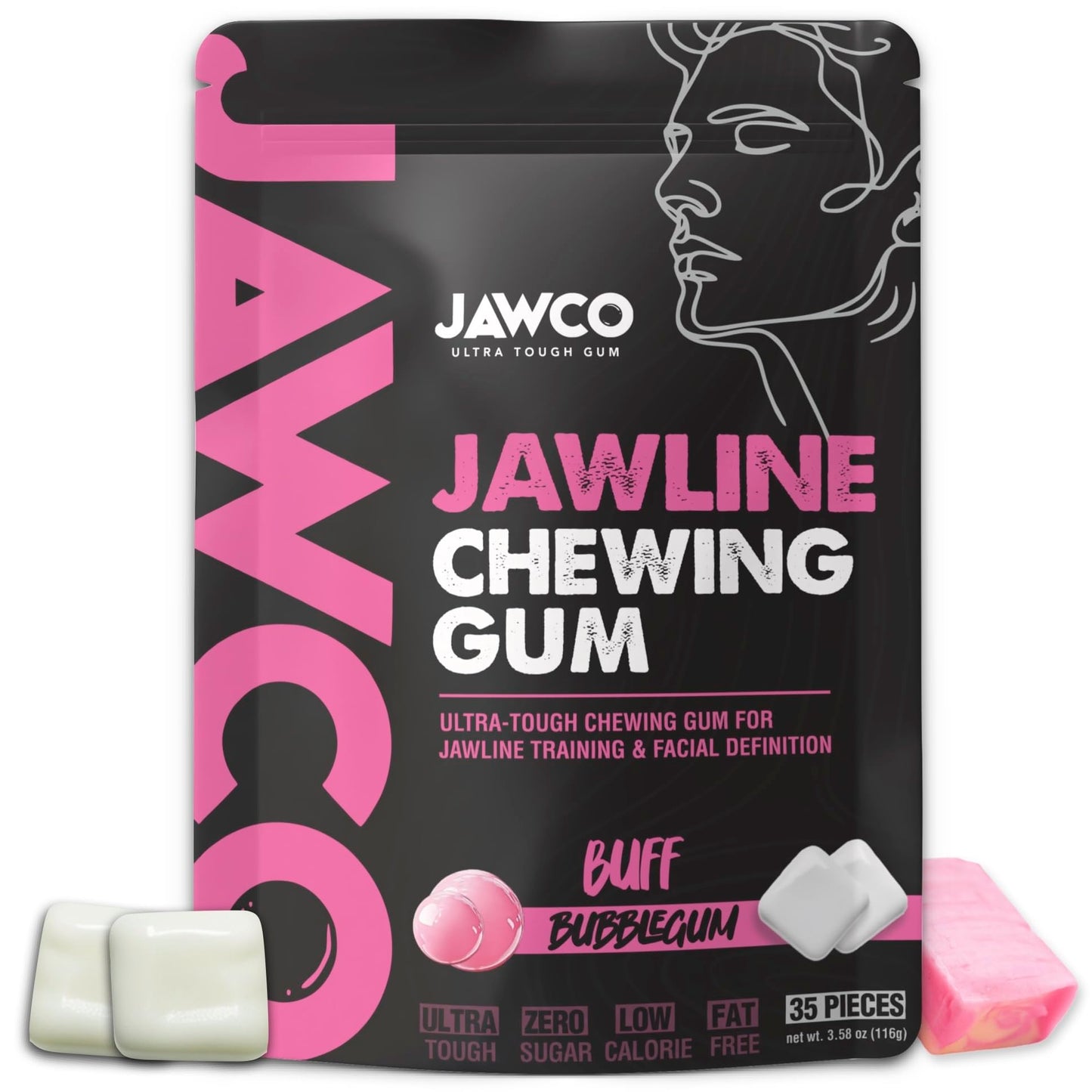 JAWCKO Ultra-Tough Jawline Chewing Gum | Get a Stronger, Squarer Jawline | Bubblegum Jaw Training Hard Gum | 15X Strength | Chis