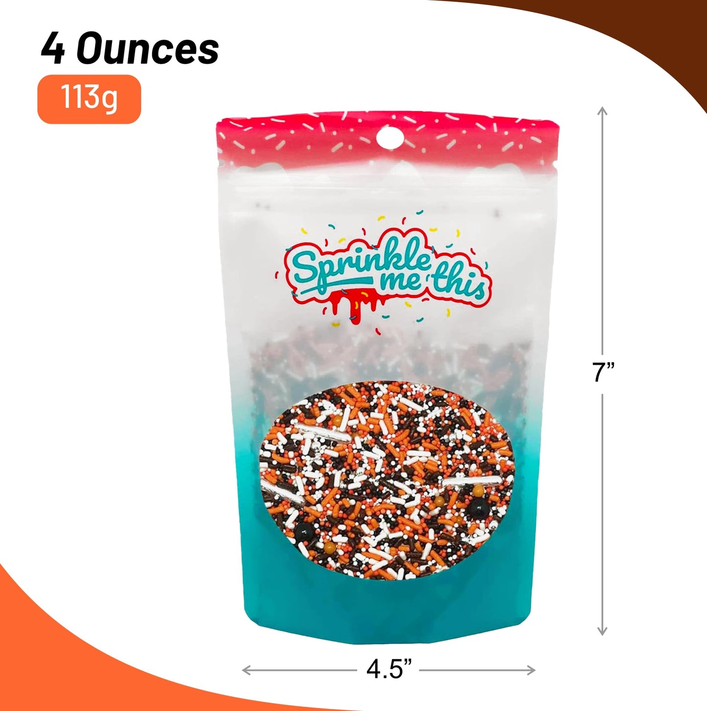 Halloween Party Sprinkle Mix | Resealable Standup Bag | Jimmies And Nonpariels In Orange, White, And Brown | Halloween Themed Sprinkles | Bulk Sprinkles For Baked Goods And More 4 Oz