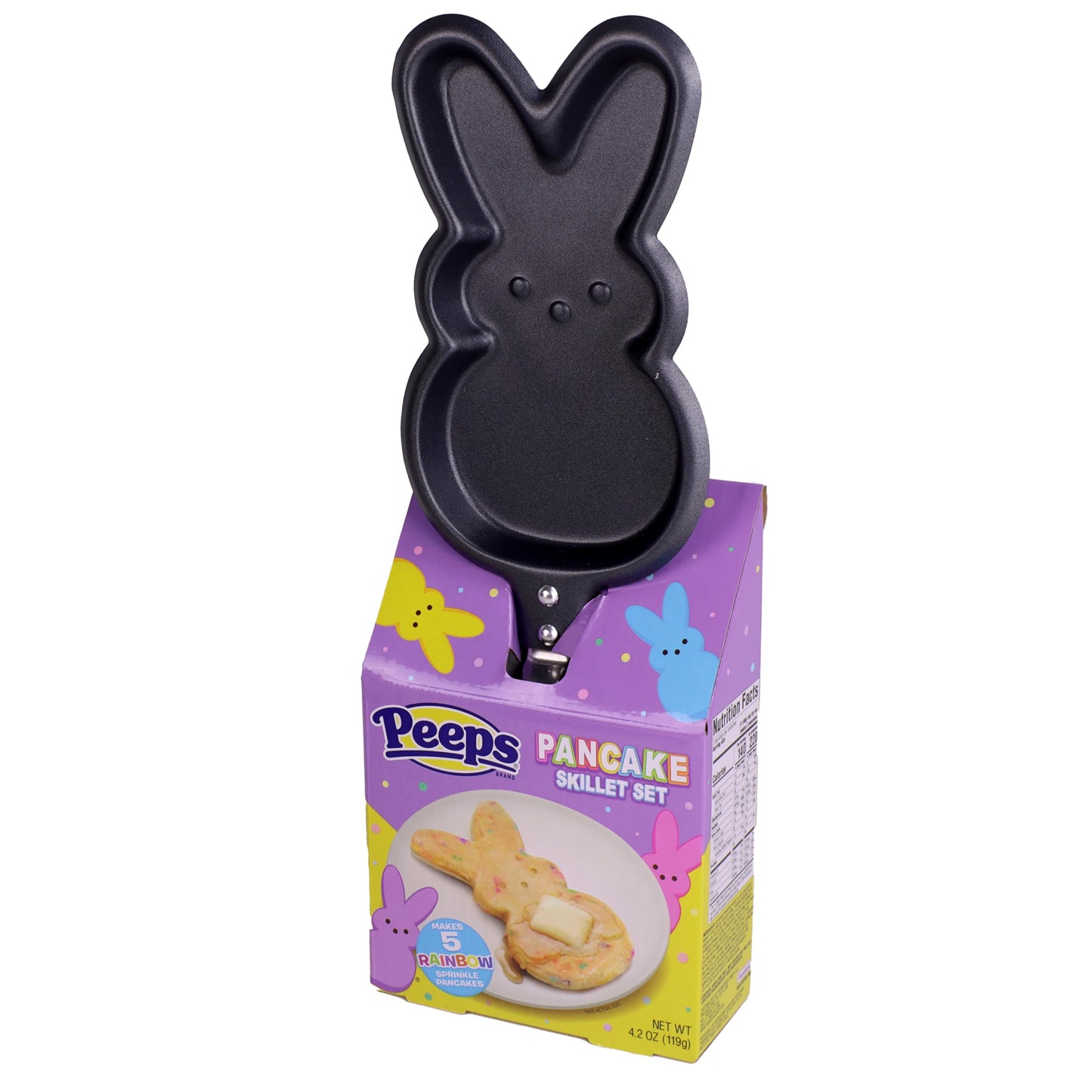 Peeps Bunny Skillet With Buttermilk Rainbow Sprinkle Pancake Mix & Peeps Marshmallow Candy Tube Topper, By Frankford Candy