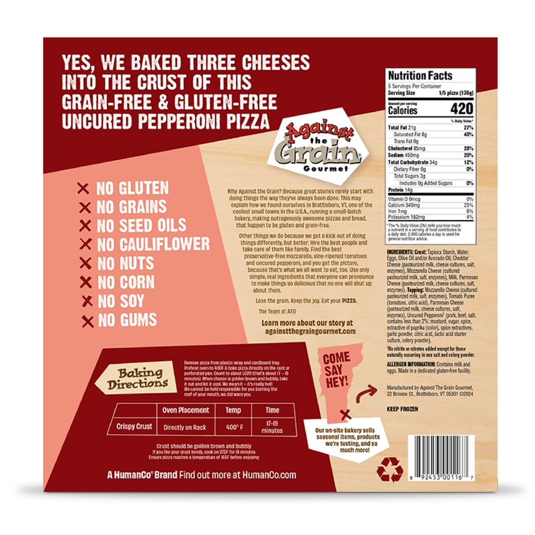 Against the Grain Gluten-Free Pepperoni Original Crust Pizza, No Grains, Seed Oils, Preservatives, or Gums, Frozen, Family Size