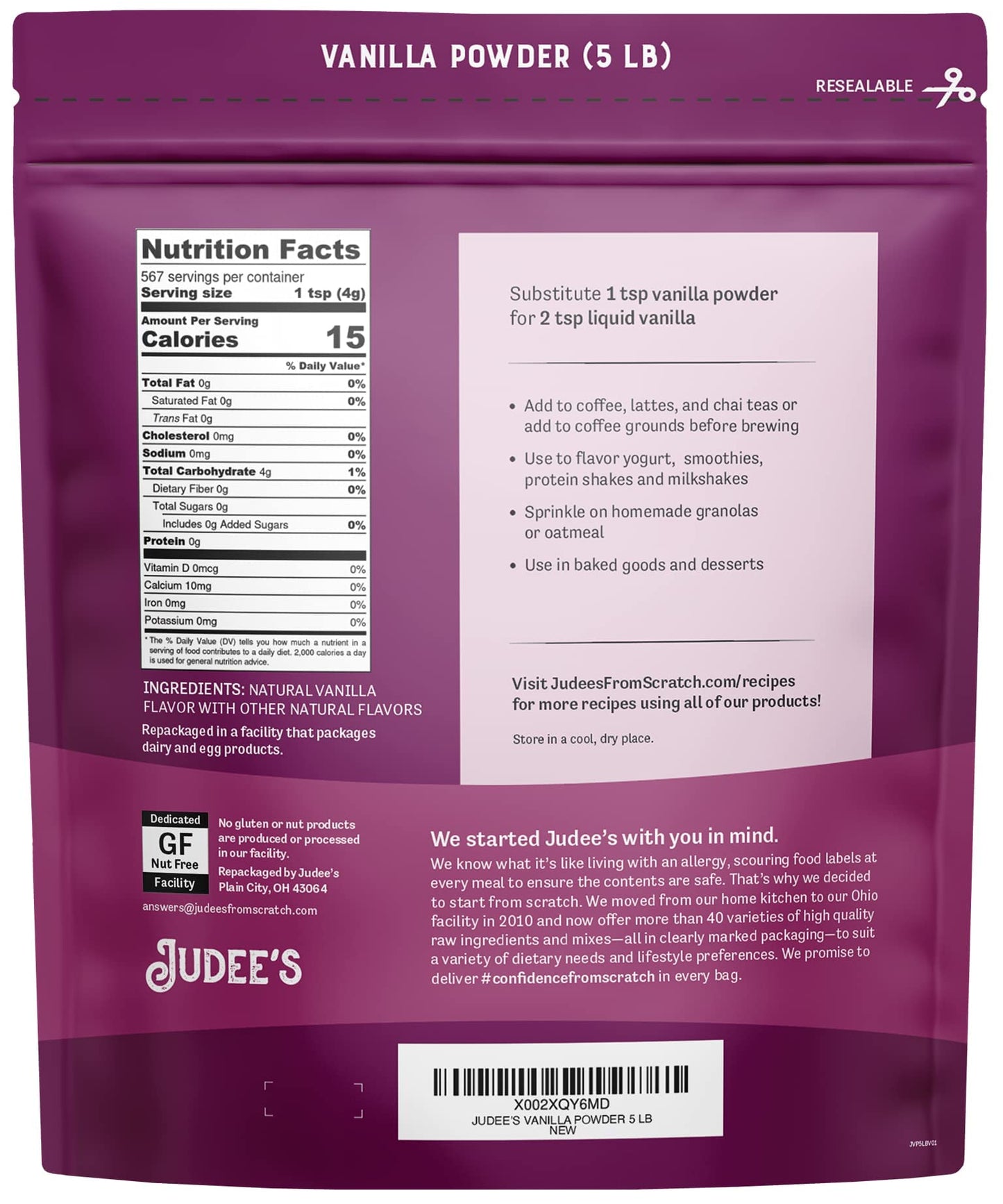 Judee's Premium Vanilla Powder 5 lb - Non-GMO and Made in the USA - Gluten-Free and Nut-Free - Add Extra Vanilla Flavor to Baked