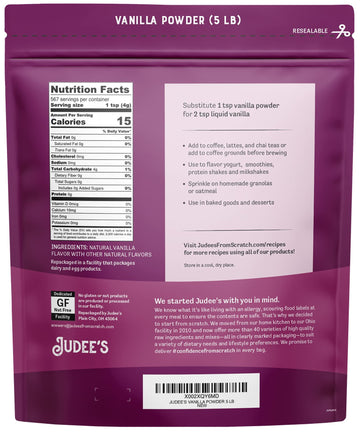 Judee's Premium Vanilla Powder 5 lb - Non-GMO and Made in the USA - Gluten-Free and Nut-Free - Add Extra Vanilla Flavor to Baked