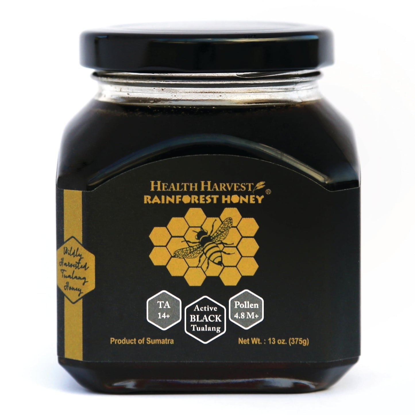 enhanced Tualang Black Honey 13oz (TA 14+, Pollen Count 4.8M+, Pollen Variety 150+) Intense Choice for Men Preservation, Wild-ripening on 250ft Treetop, Raw, Unpasteurised, Unfiltered