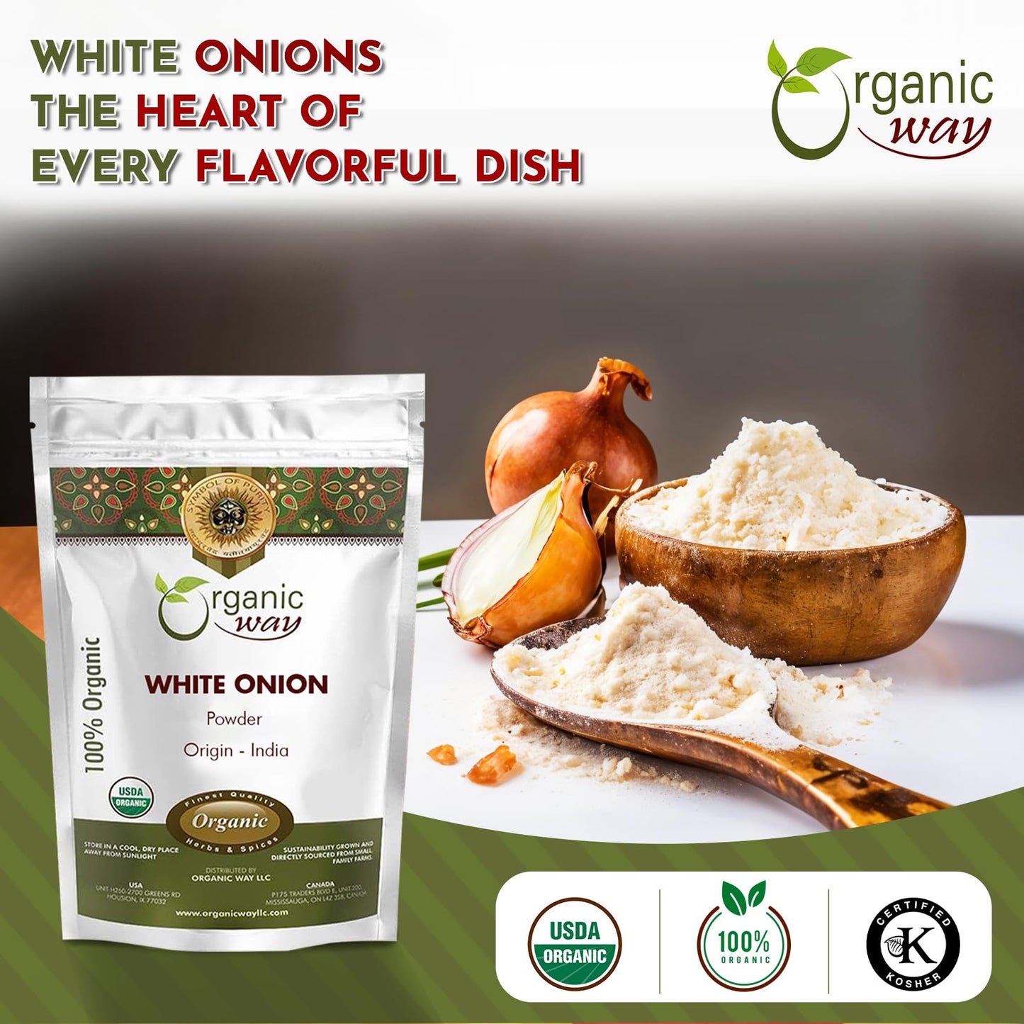 Organic Way White Onion Power | Granulated Onion Powder | Usda & Kosher Certified | Non Gmo & Gluten Free | Origin India (1 Lb -