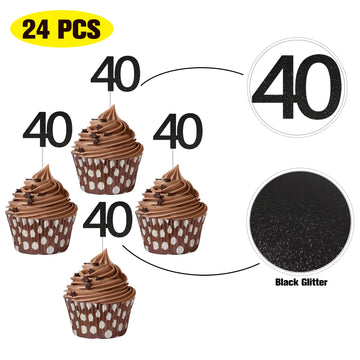 Sumerk 24Pcs 40 Cupcake Toppers Black Glitter 40Th Birthday Cupcake Picks Anniversary Party Decorations